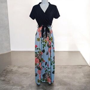 Elegant Navy Blue and Pink Floral Elastic Waist Tall Maxi Dress.